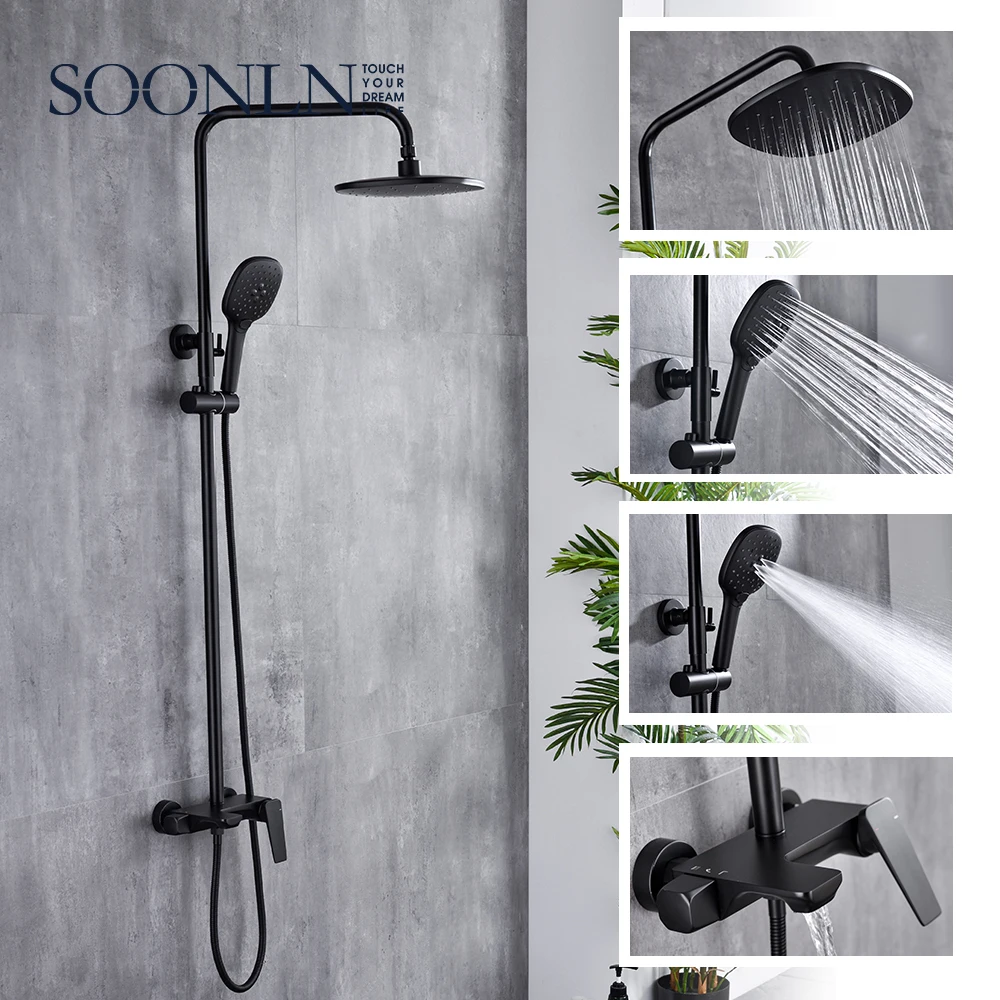 Custom Logo Water Matte Black Bathroom Shower Rain Shower Faucet Set With Slide Bar