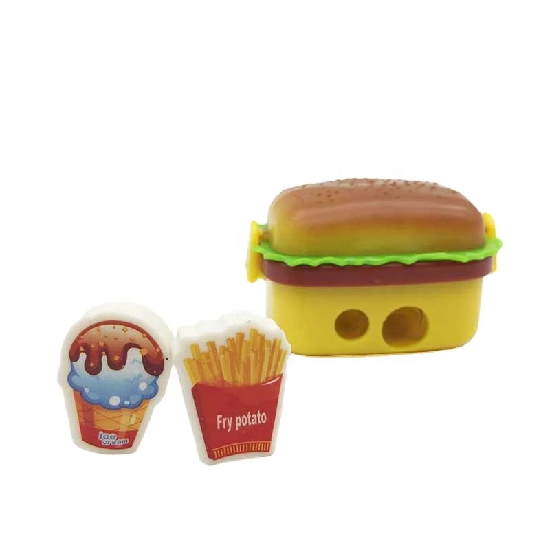 High quality cheap custom kids toys Hamburger shaped sharpener and pencil erasers