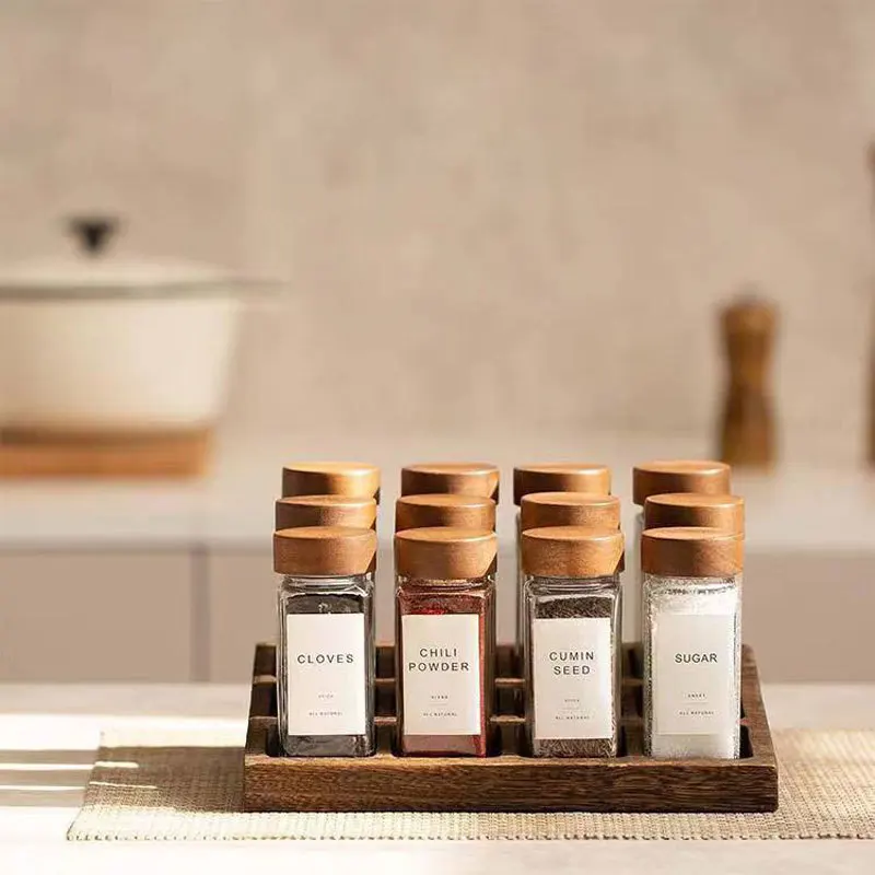 Glass Bamboo Wooden Lid Shaker Lids and White Labels Sticker 120ml 4oz Square 24 Pcs Glass Spice Jars Bottles Set