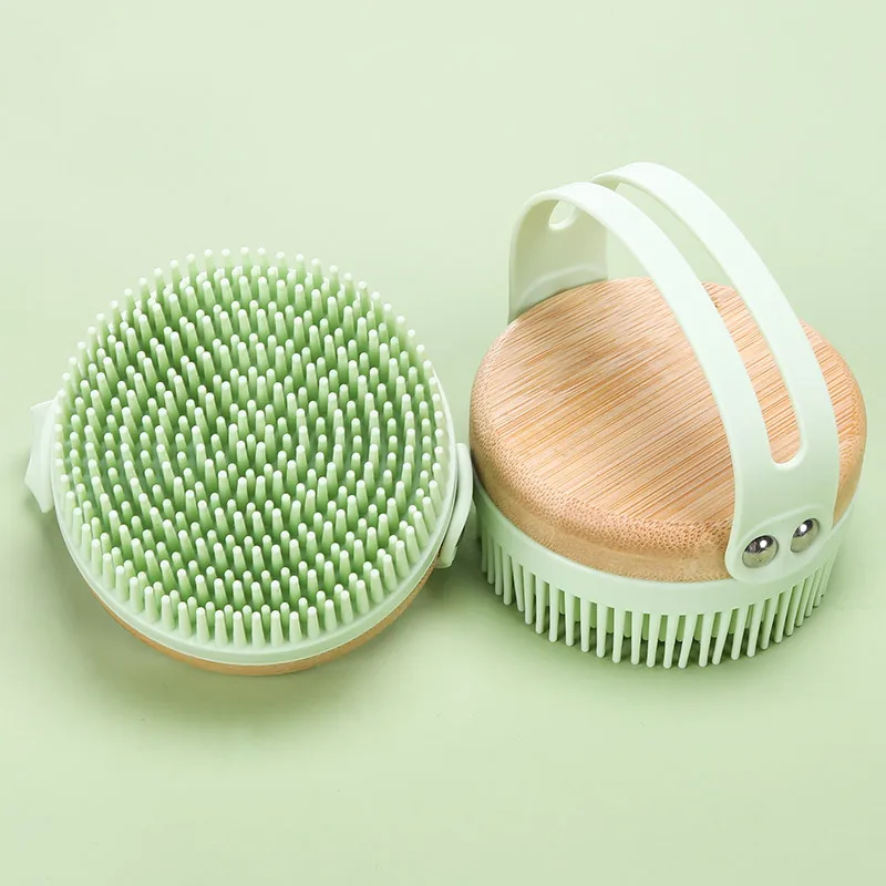 Pore Cleansing Massage Exfoliating Brush Long Leather With Loop Wooden Handle Body Brush Manual Silicone Body Scrubber