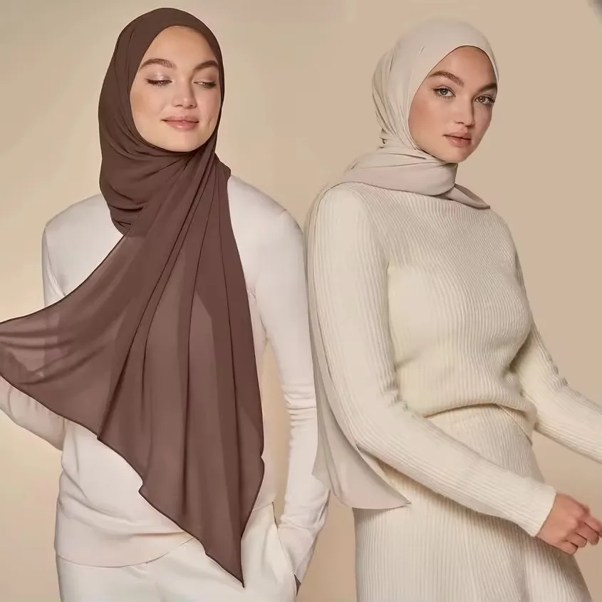 Wholesale High Quality Islamic Shawls Plain Georgette Muslim Women Hijabs Scarf Headscarf Bubble Heavy Chiffon Hijab satin