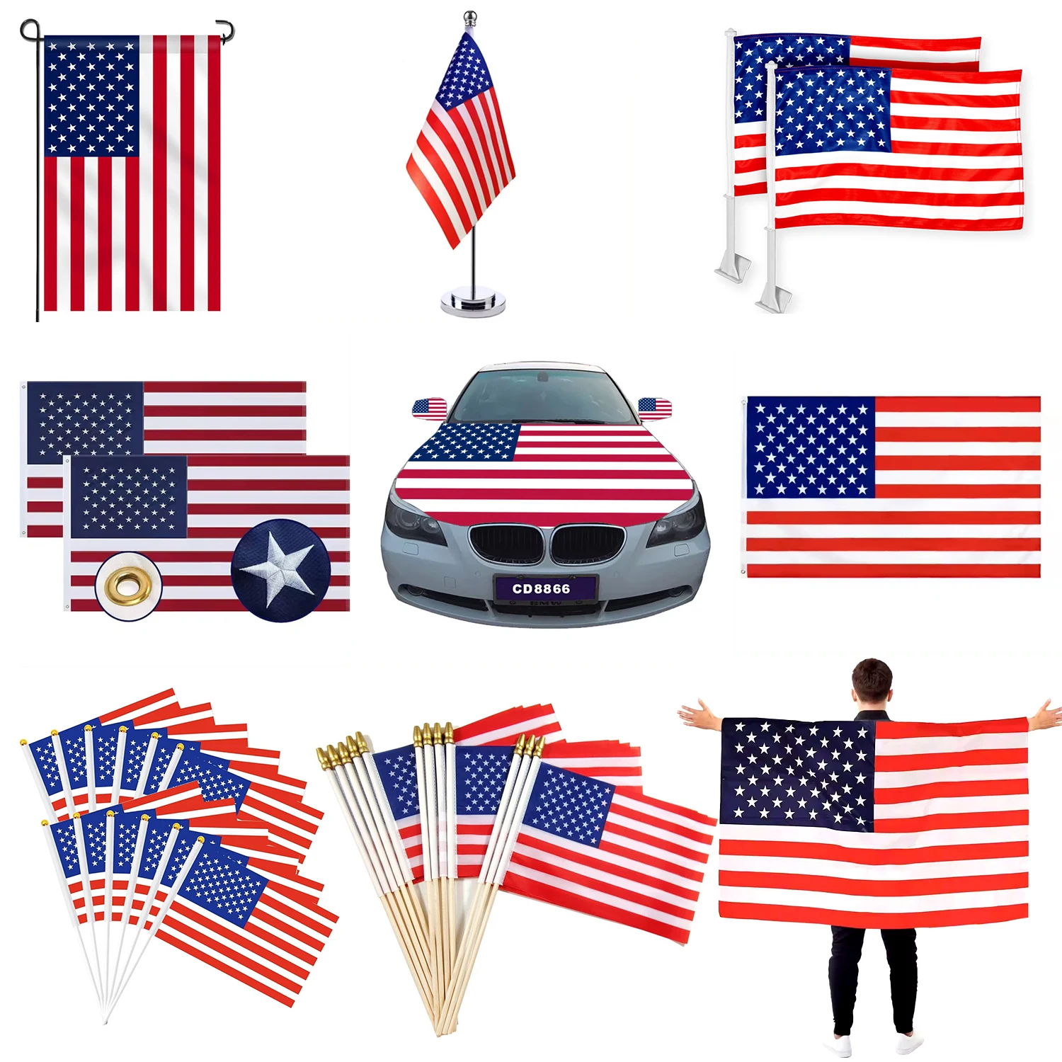 Add logo US 3x5ft Polyester and Embroidered America Car Hood Cover Mini Hand Waving Custom Table Flags Cap Usa Banner Flag