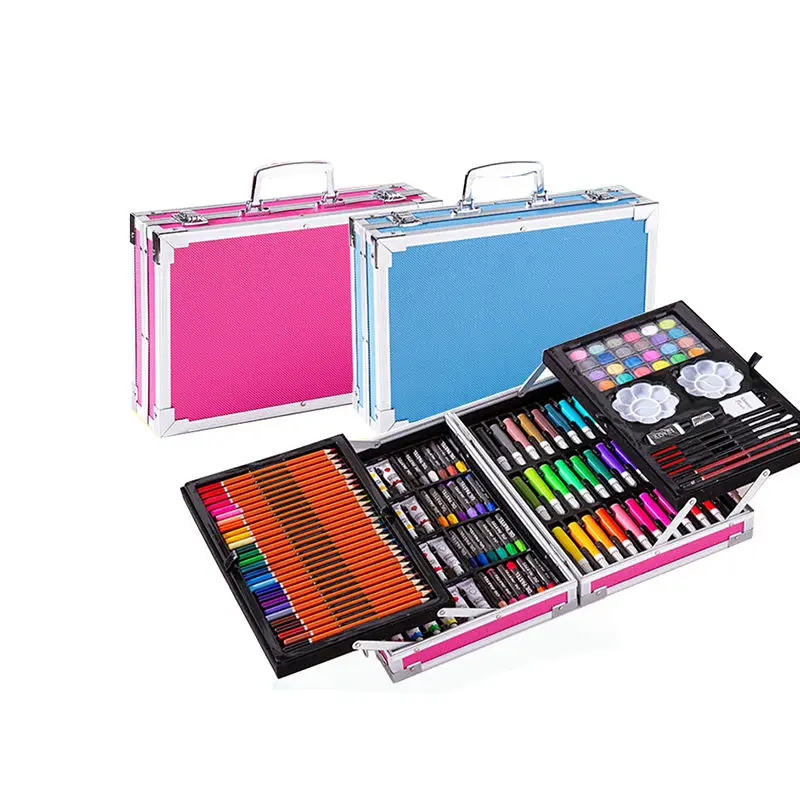 Bview Art 145-Pieces 2 Layers Oil Pastel Marker Watercolor Paint Colored Pencil Deluxe Children Art Set With Aluminum Box