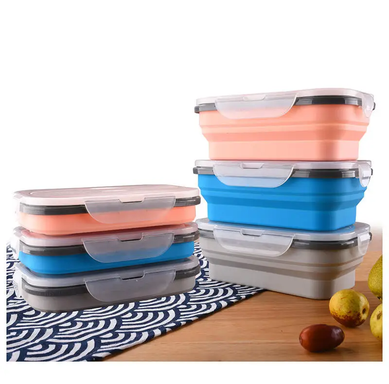 Compartment Food Grade Silicone Collapsible Food Retractable Container Folding Bento Silicone Lunch Box with Fork