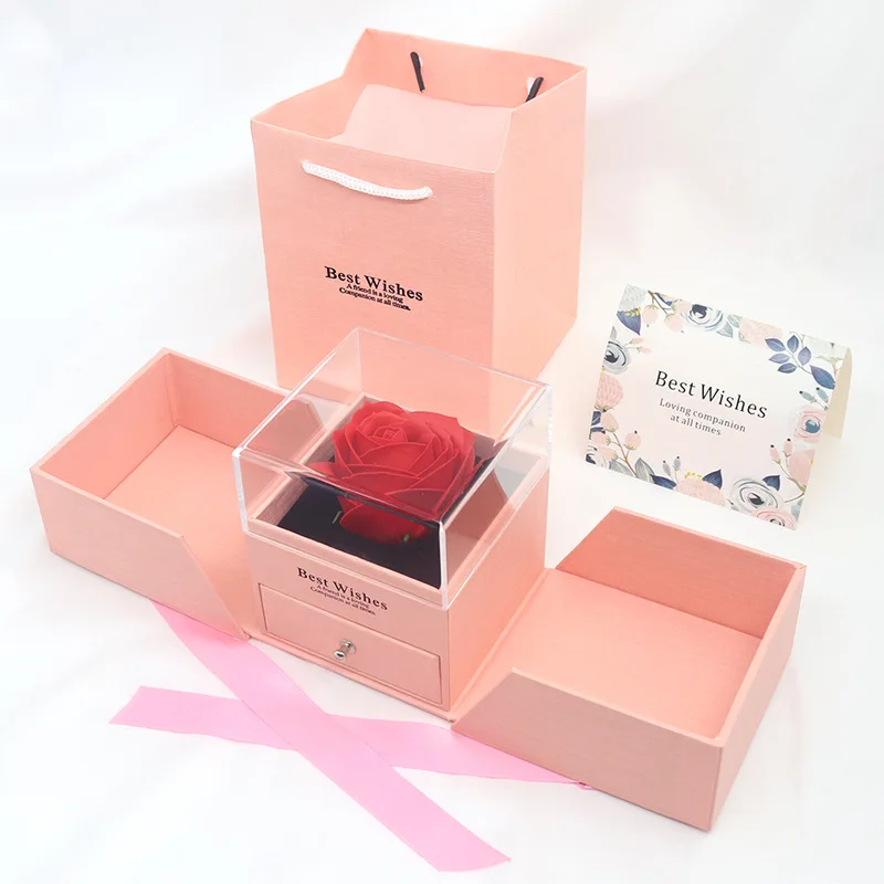 Handmade Pink Wedding Party Favors Double-Door Chocolate Paper Box Rotating Rose Candy Jewelry Gifts Packaging Floral Flower