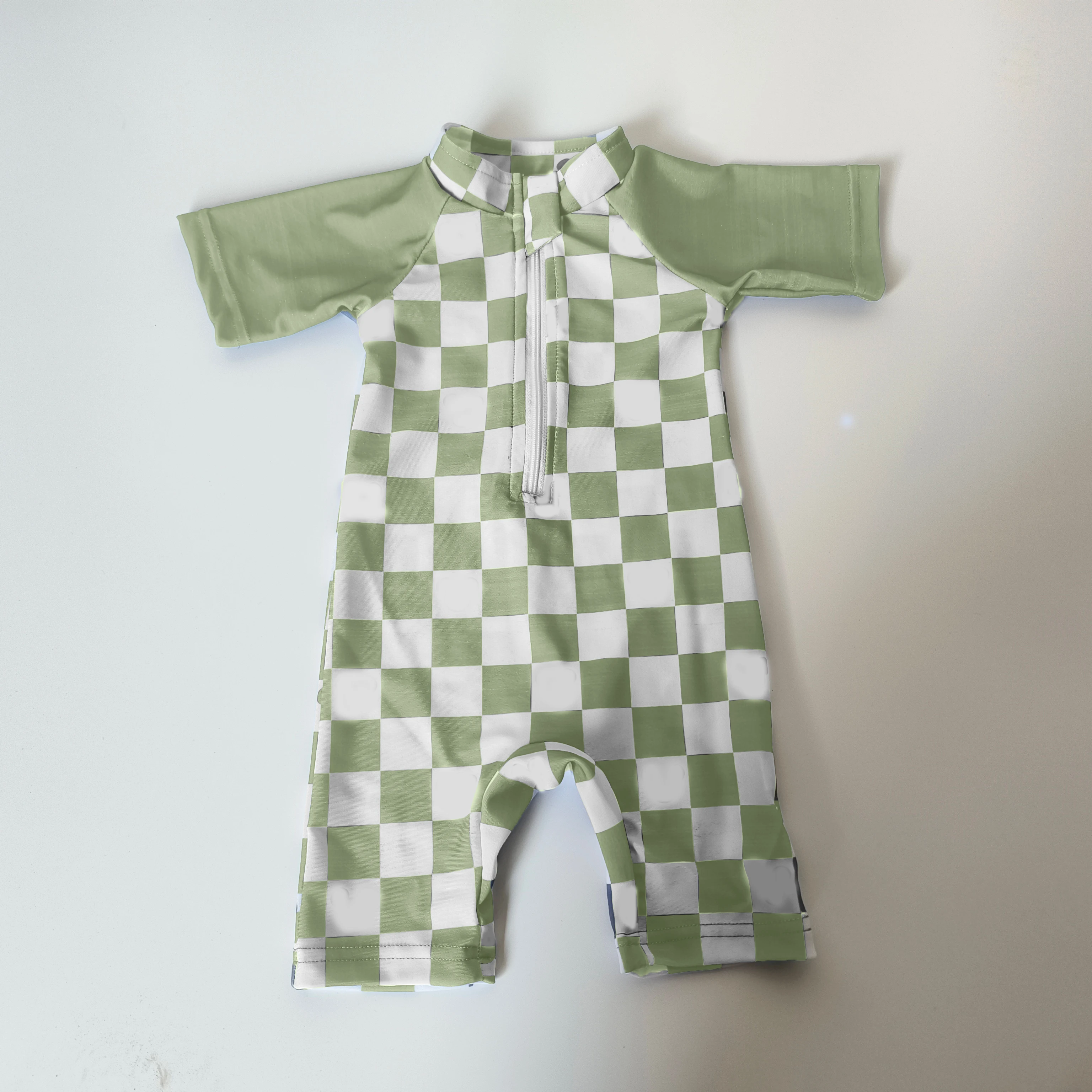 OEM Unisex Baby Summer Swim Wear One-Piece Short Sleeve Romper with Solid Color & Checkerboard Print Quick Dry Feature