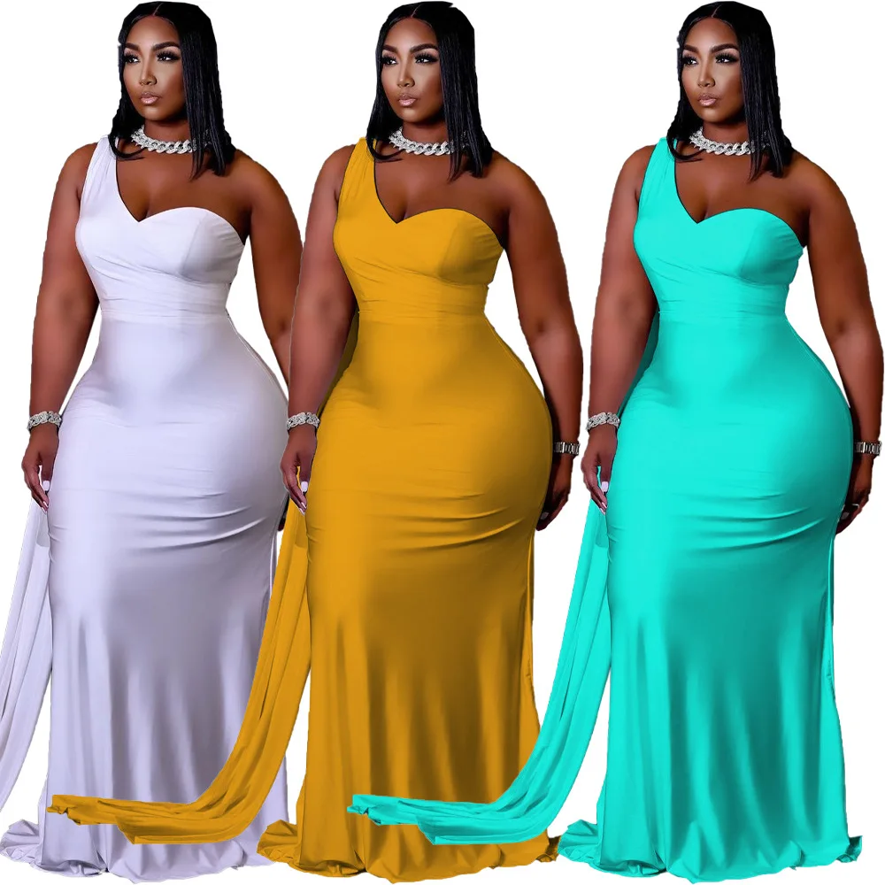 PQ8647 plus size women 3XL 4XL summer 5colors sleeveless one shoulder irregular maxi dresses