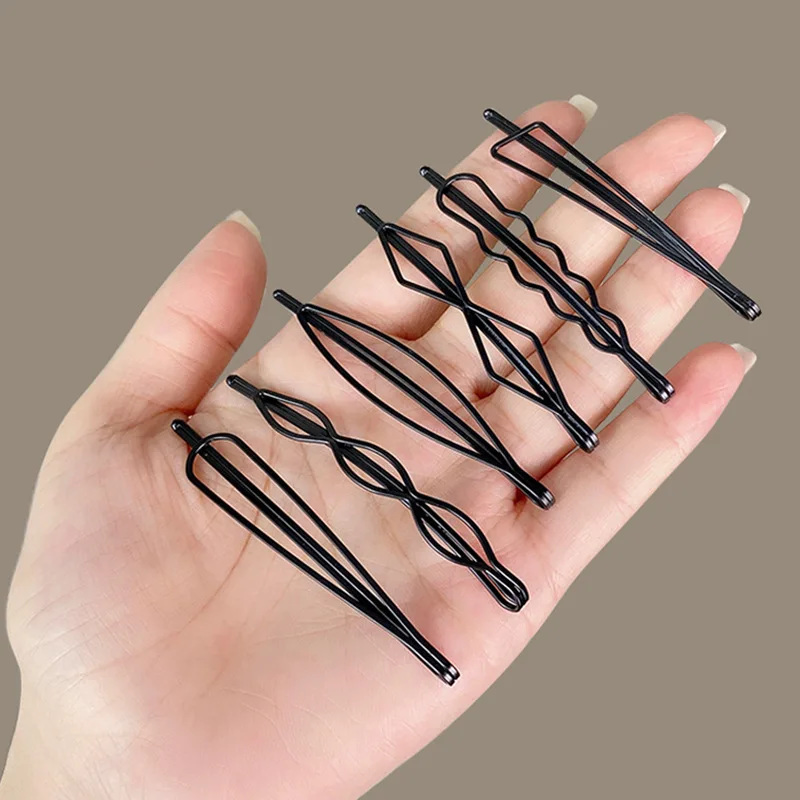 6 Styles Simple Solid Color Non-slip Black Geometric Line Metal One-line Hairpin for Women Girls Hair Accessories