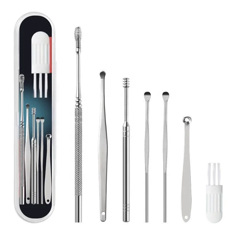 Portable 7pcs Metal Ear Wax Removal Kit Stainless Steel Ear Pick EarWax Remover Ear Cleaning Tool With Cleaning Brush