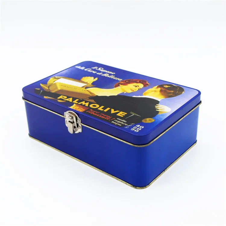 Hot sale hinge lid rectangle food cookie kinds metal tin box with a lock