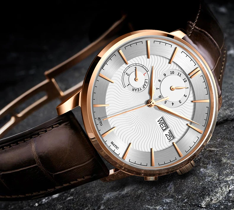 OEM custom leather strap chronograph high quality  back case  men stainless steel automatic watch