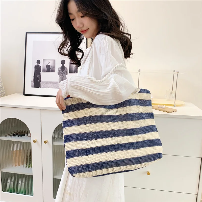 custom hot selling high quality and cheap khaki stripe shopping travel  PP grass paper woven cotton rope portable tote beach bag