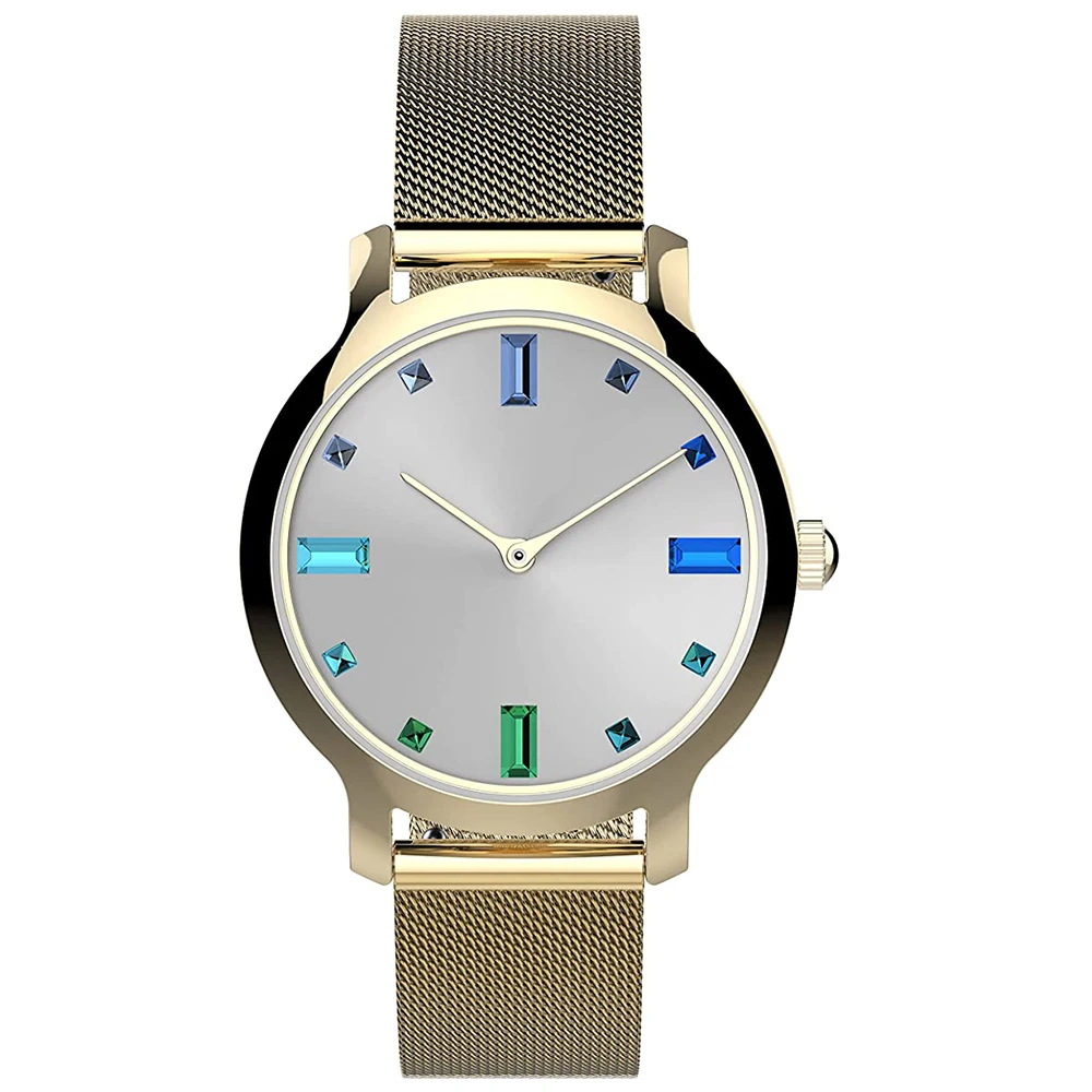 women quartz analog stainless steel mesh watch aqua crystal markers dress watch