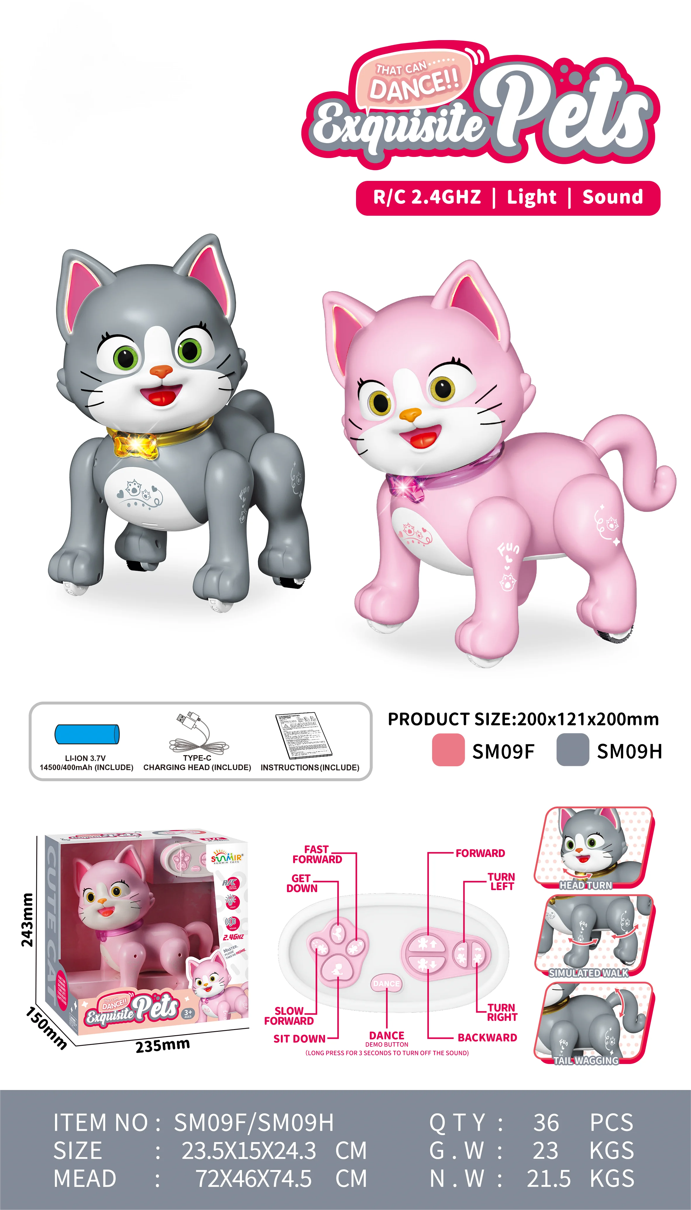 2.4G Remote Control RC Walking Dancing Cat Animal Pets Interactive Robot Toys for Kids with LED Light & Sound For Kids