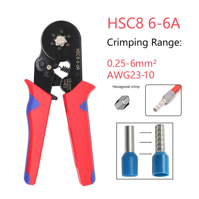 HSC8 6-6A Terminal Crimping Pliers 0.25-6mm2 23-10 AWG Tubular Ferrule 1900Pcs Wire Clamp Kit