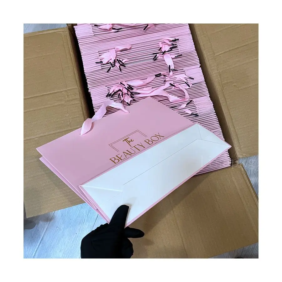 PINK hair bags for bundles pink Top Quality Luxury White Foldable Paper Shopping Bag Custom Logo