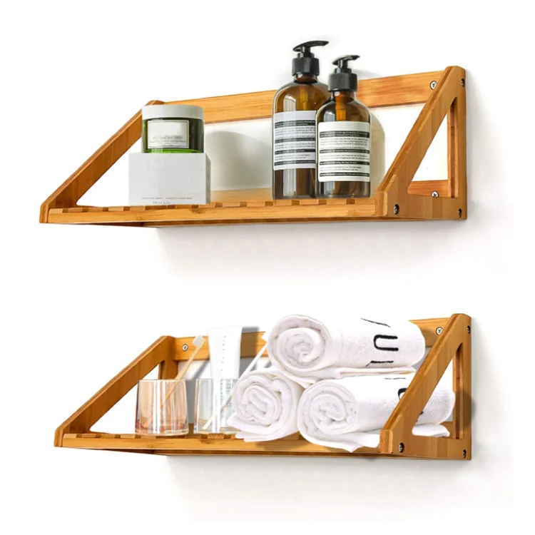 2 Pcs Solid Bamboo Wall Hanging Rack Holder Wooden Floating Shelves for Bathroom