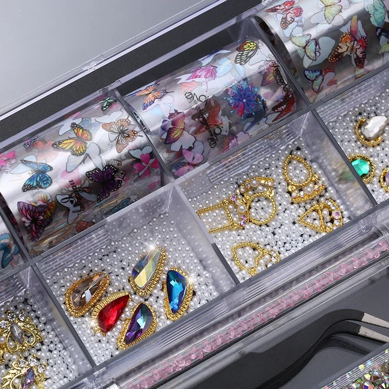 Wholesale Crystal Nails Various Alloy Charms Transfer Foil Decoration AB Flat Back Non Hot Fix Glass Rhinestones Nail Art