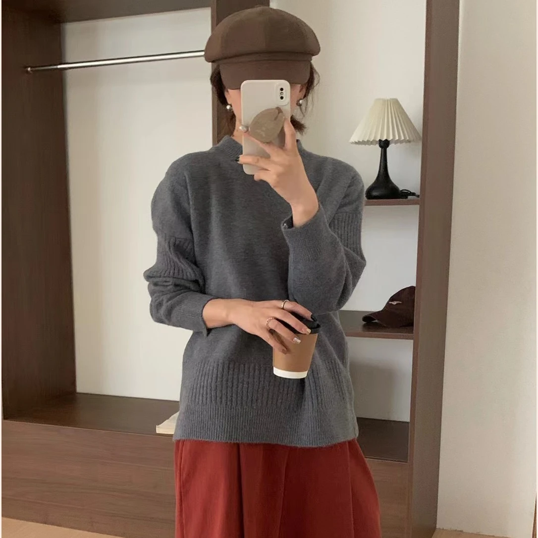 2024 Spring women high quality crew neck morandi color  long sleeve oversize cable knit pullover sweater jumper