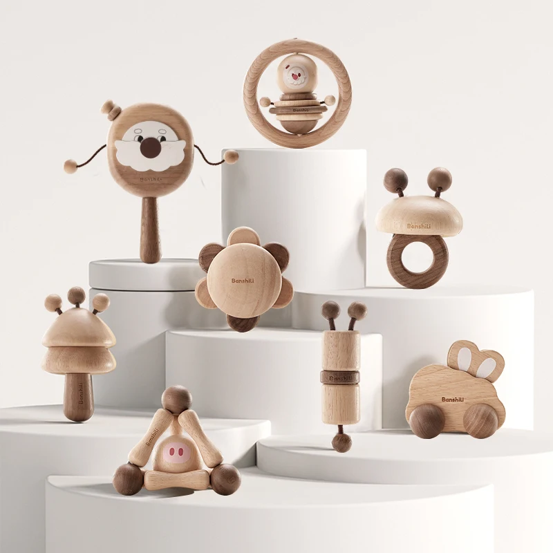 BPA Free Walnut Beech Wood Kids Teething Toy 1-3 Years Custom Animal Shape Babies Bell Rattle Baby Wooden Toys