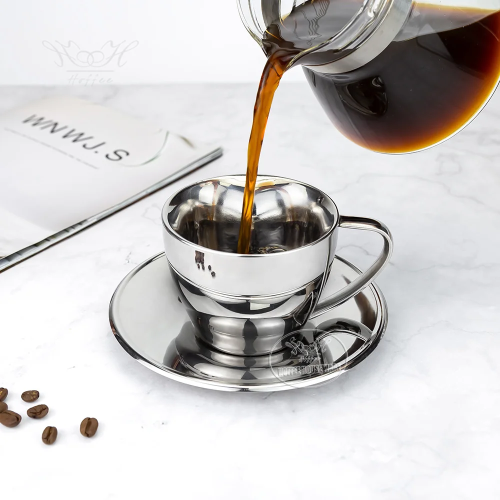 Valentine Double Wall Coffee Cup Set Stainless Steel Insulated Espresso Mug Tea Cup Set With Saucer Dish For Cappuccino Latte