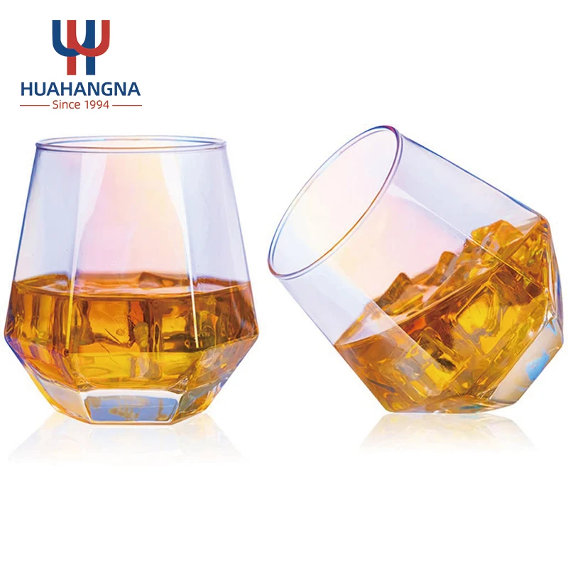 Crystal Glass Spirit Bourbon Cognac Scotch Cocktails Whiskey Glass 10oz Rainbow Diamond Stemless Wine Glasses Set for Wedding