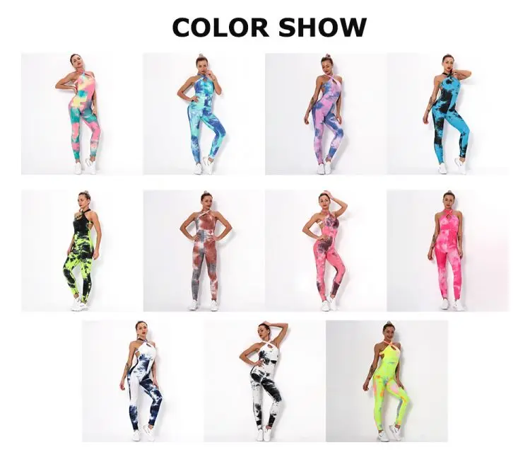 Trendy Cross Strap Tie Dye Beauty Back Yoga Suit Female Sports Bubble Tie-Dye Print Legging Multi Color Hollow Jumpsuit Autumn