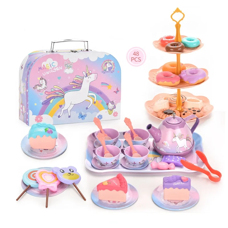 New Design Girl Kitchen Toys Afternoon Tinplate Tea Dessert Cake Pretend Play Toys Little Girls Princess Hand Gift Box Set