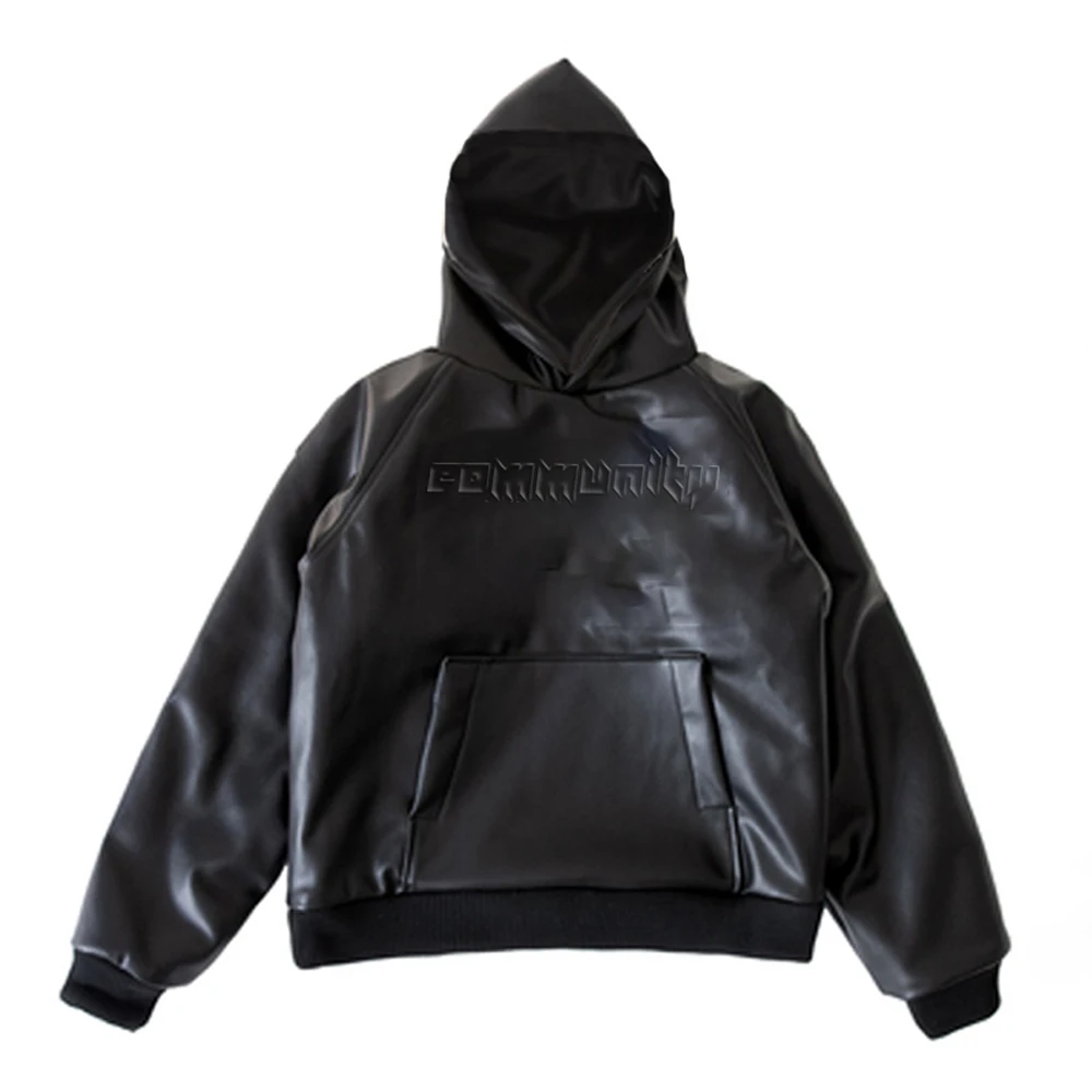 OEM Customize PU Leather Hoodie 3D Embossed Long Sleeve Oversized Pullover Hoodie with Pocket for Men