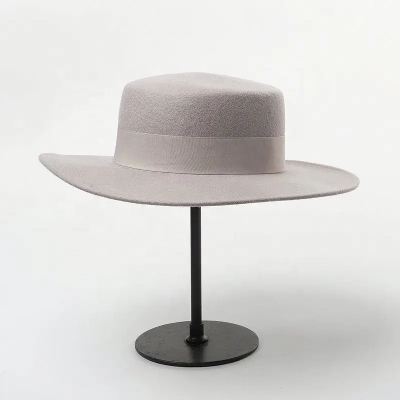 Ladies Wool Felt Boater Hat with Wide Ribbon