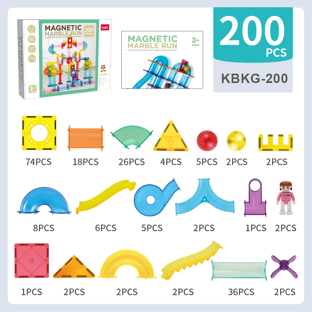 Marble Run 200PCS Educational Magnetic Blocks Toy Set Magnetic Building Tiles Bricks Toys DIY Magnetic Slide Balls Toy Set