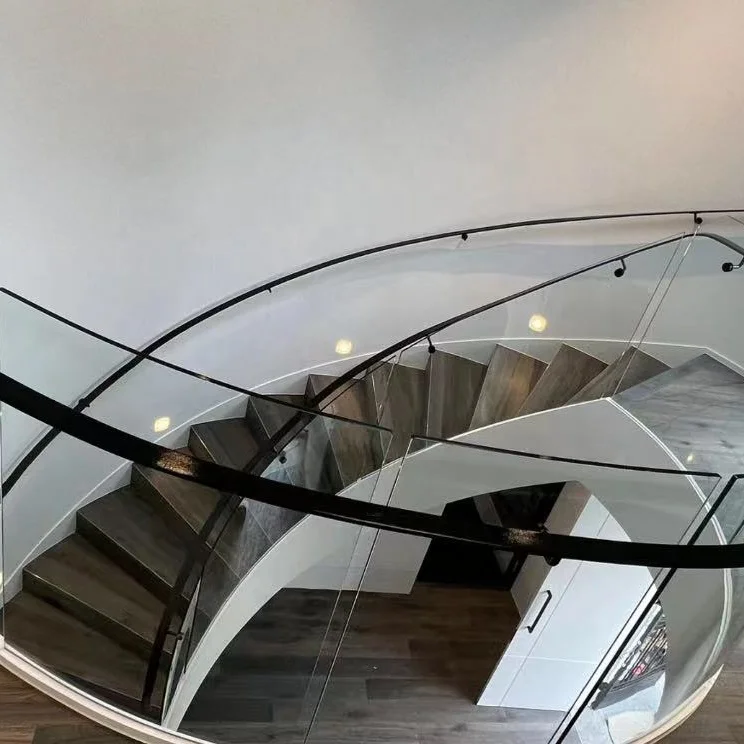 VIKO High Quality Wood Tread Inner Armrest Glass Railing Curved Staircase