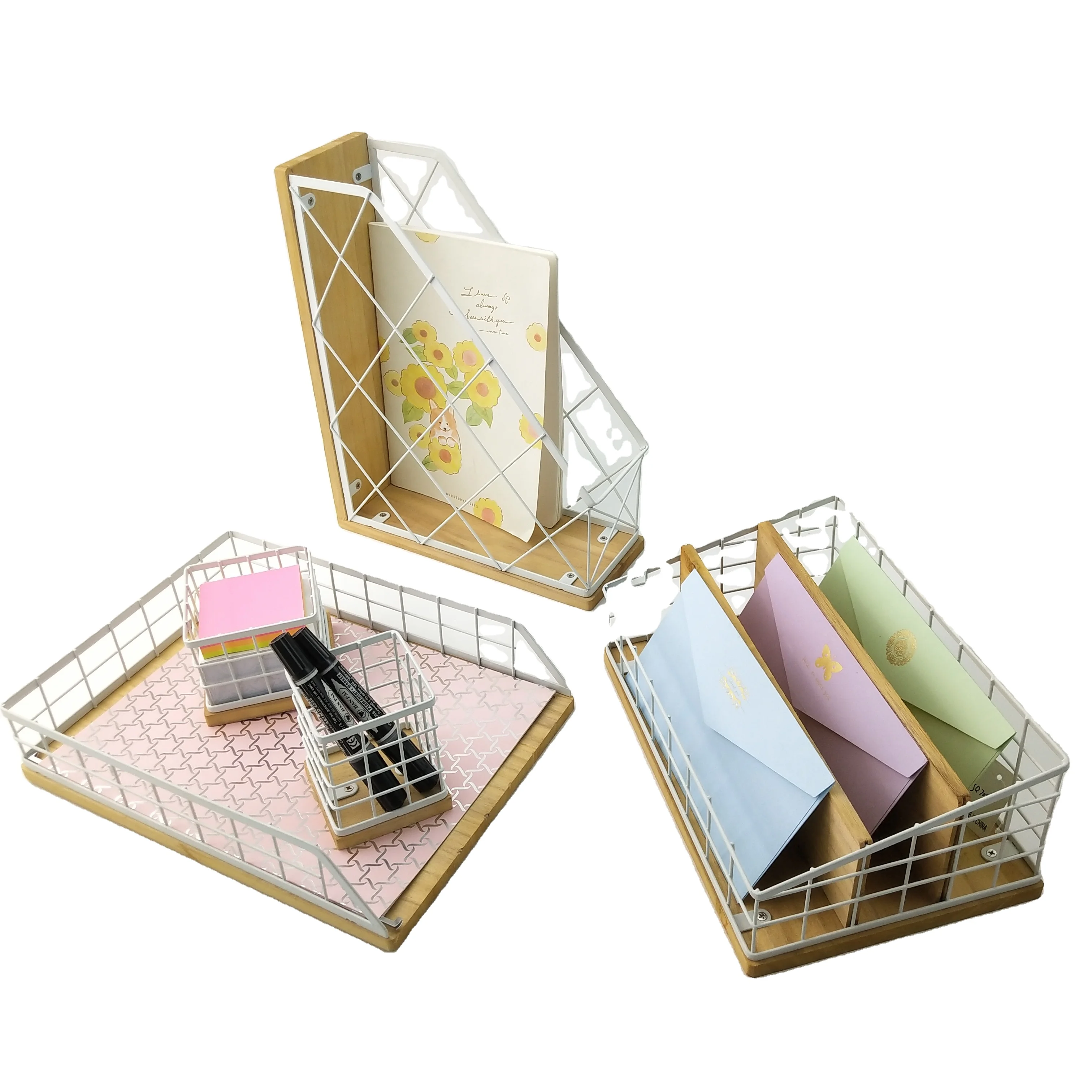 organizadores de oficina Desktop Item Office Accessories for Desk Stationery Holder 5 Pcs Wooden Desk Organizer Metal Office Set