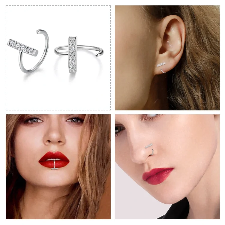 Minimalist Design 925 Sterling Silver Cubic Zircon Lip Nose Rings Studs