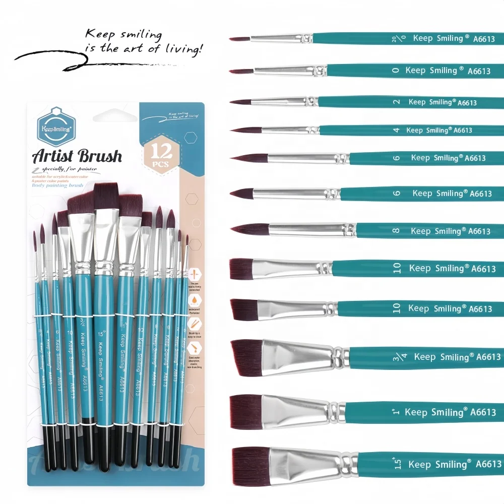 Keep Smiling 12pcs Paint Brush Set Nylon Hair Artist Paint Brushes Wooden Handle Paintbrush Set For Supplier