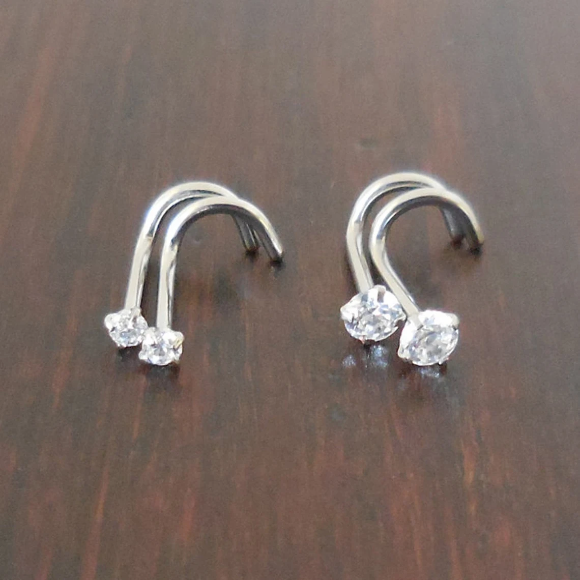 Pair 2mm or 3mm Prong Set Screws Nose Rings Many Colors Stainless Steel Gold Tone Rainbow Prism Crystal CZ 20G or 18G