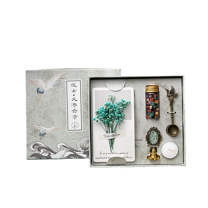 Custom Gift Box Retro Wax Seal Stamp Chinese Style auspicious Crane Kit For Embellishment Wedding Lnvitation