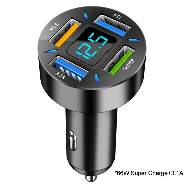CJ712 Custom Logo Car Battery Voltage Detection Digital Display 4 USB Ports Super Charge Fast Charging PD QC3.0 USB Car Charger
