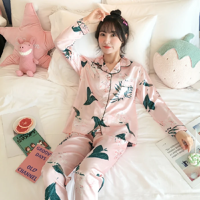 
Pajamas women spring and autumn long-sleeved ice silk two-piece suit thin home service 