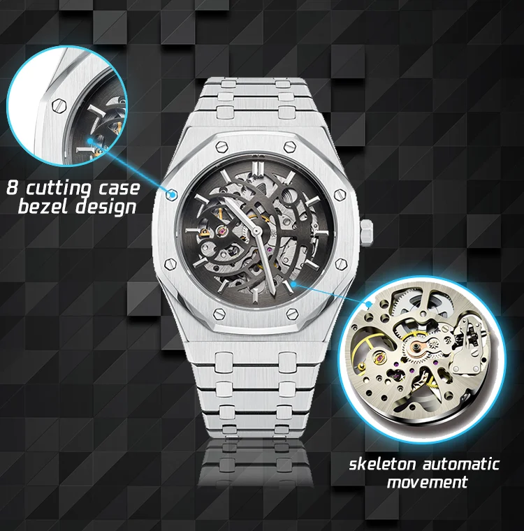 China Manufactur Custom Watch Logo Mechanical Skeleton Male Watches