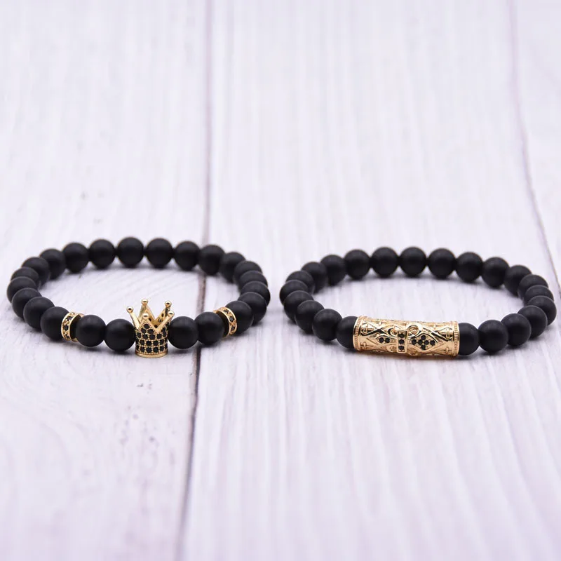 2Pcs/Set Natural Stone Man Classic Matte Black Bracelets Popular Pave CZ Small Crown Beaded Bracelet