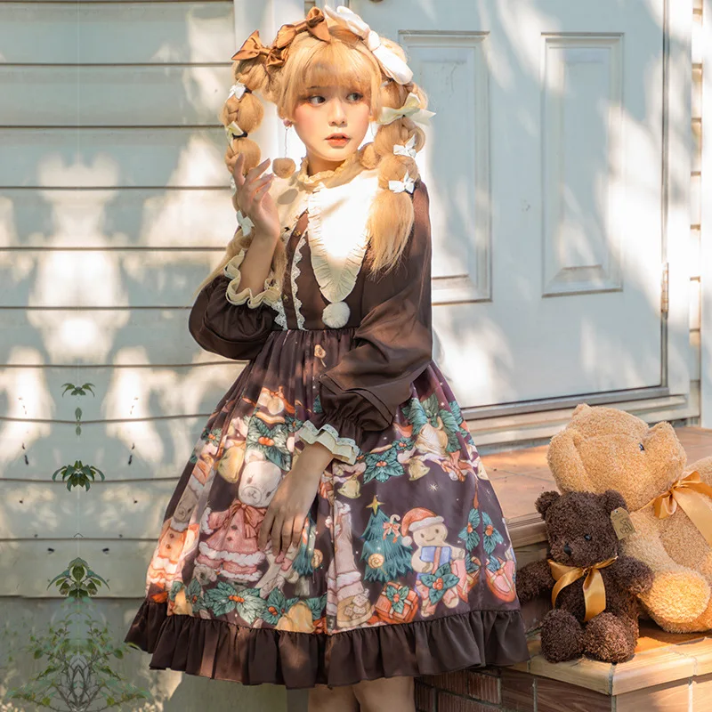 New Autumn and Winter New Original Design Cute Christmas Bear Printed Long Sleeved Sweet Op Lolita Dress for Girls