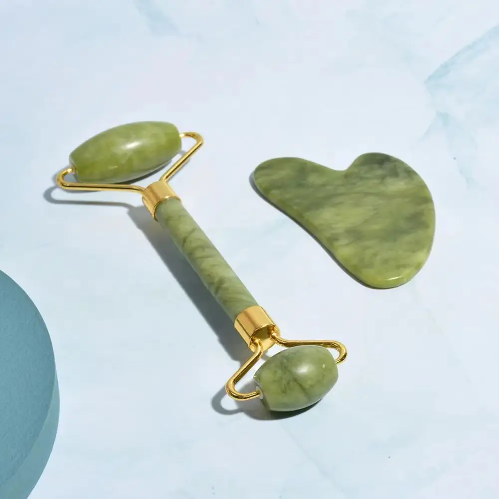 Factory Supply natural jade roller guasha massage double head jade roller wholesale face roller gua sha set rouleau de jade