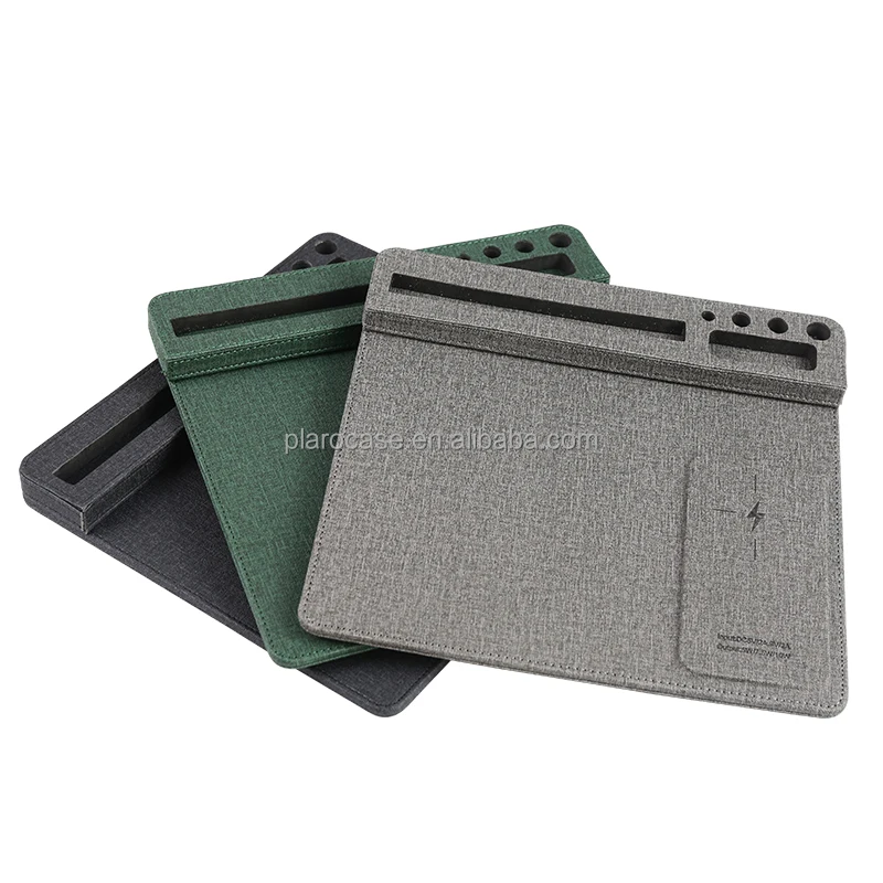 Custom PU Leather Wireless Charging Mouse Pad with USB Hub Pen Phone Holder