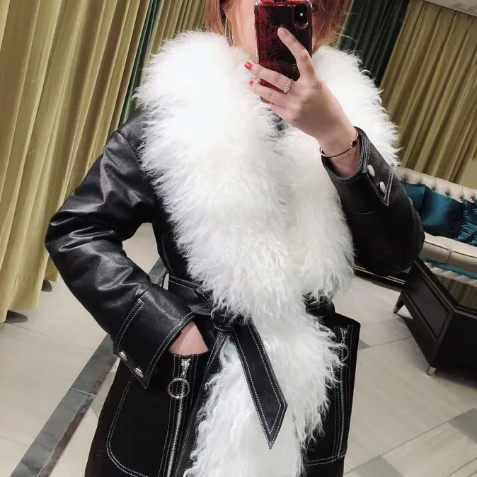 Women 100% Sheepskin Autumn And Winter Haining Leather Jacket Ladies Sheepskin Long Slim Windbreaker Jacket And Coat