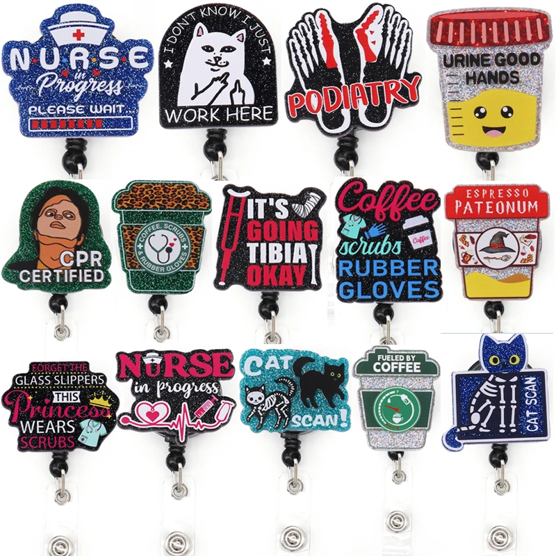 Wholesale Nurse Accessories Badge Reel Coffee URINE GOOD HANDS Acrylic Glitter Medical Field Badge Card With Clip