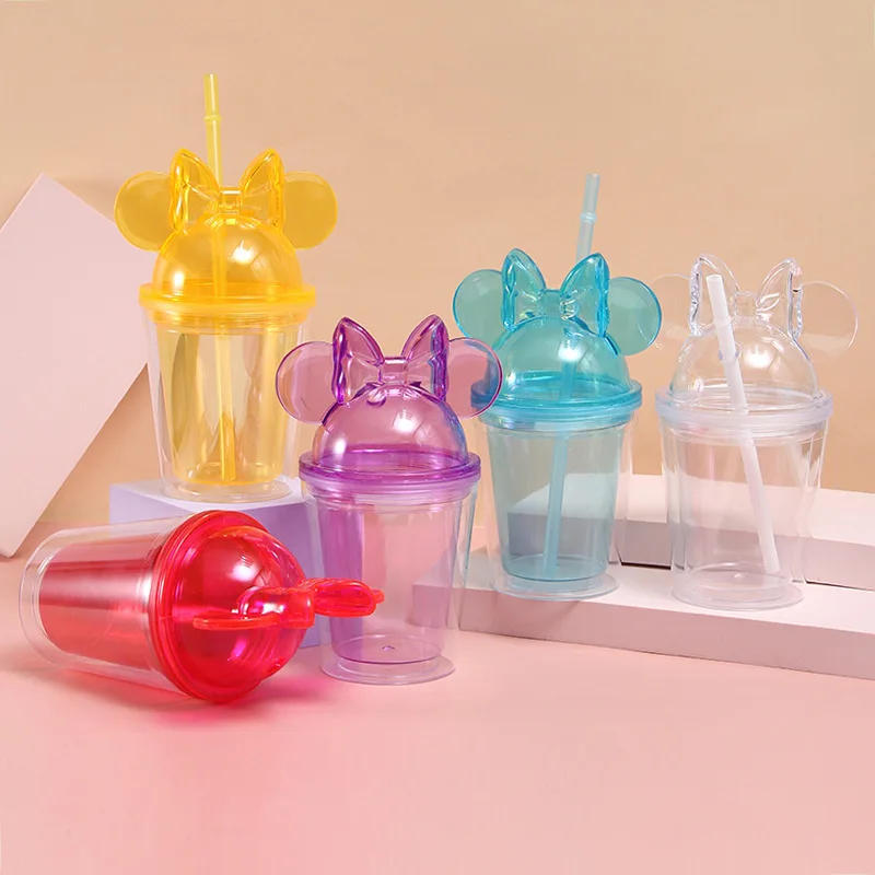 GXP Wholesale Custom Clear Plastic Kids Cups 12oz 16oz Double Walled Acrylic Cartoon Mouse Ears Tumblers With Lids And Straw