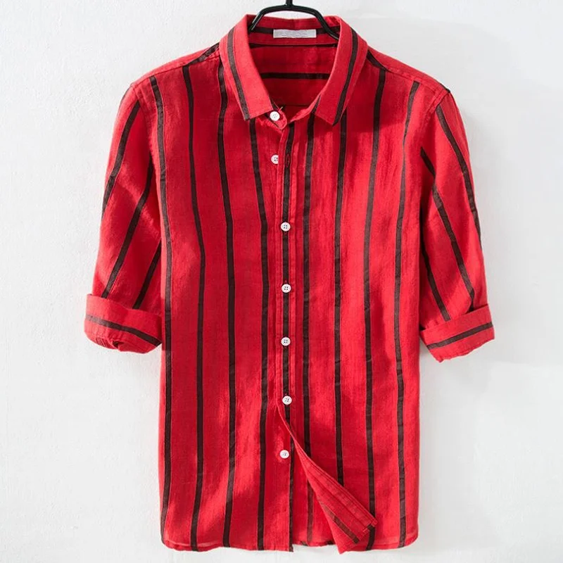 High quality custom cool breathable fancy striped half sleeve men casual  linen hemp shirts for summer