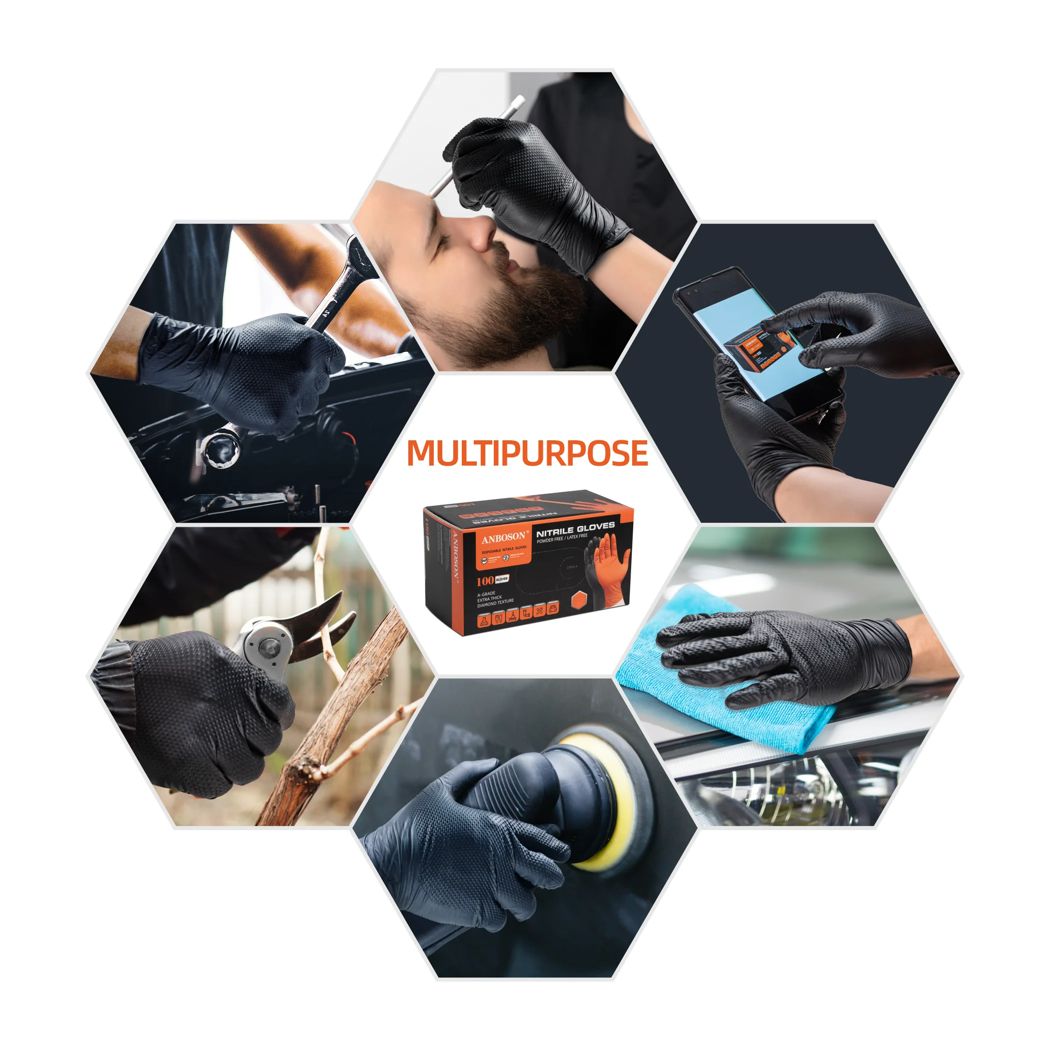 Heavy Duty Chemical Resistant Diamond Textured 8 Mil Mechanic Safety Work 100 Pcs Box Disposable Black Nitrile Gloves