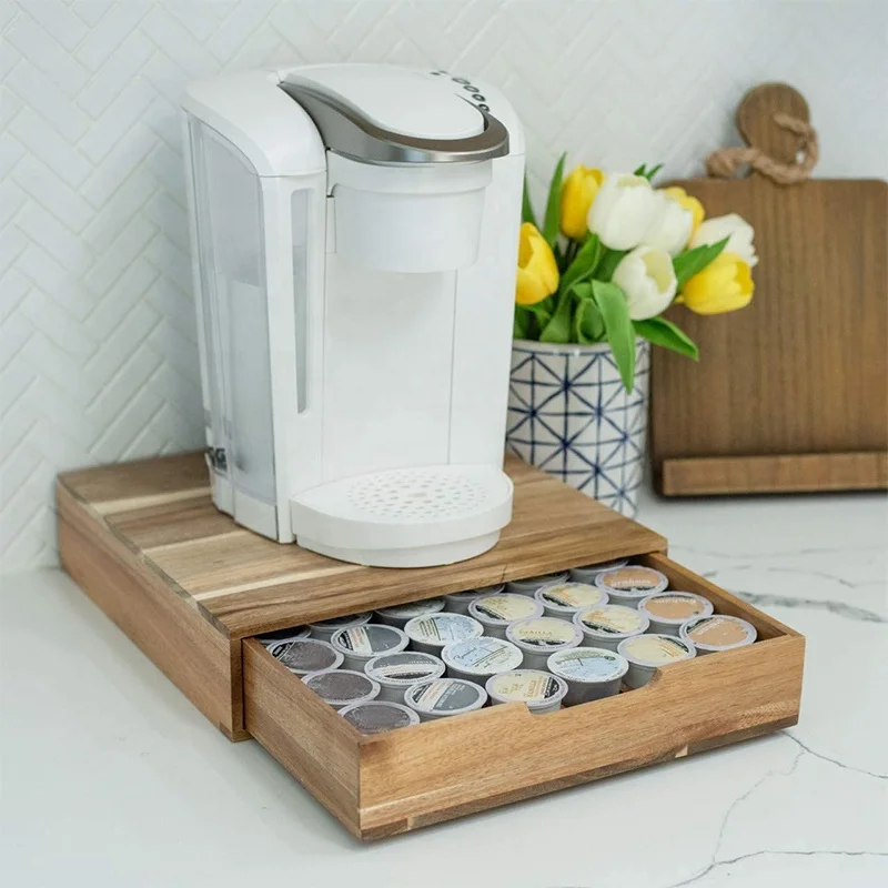 Wholesale compartment storage box wooden storage holder solid wood coffee pod drawer